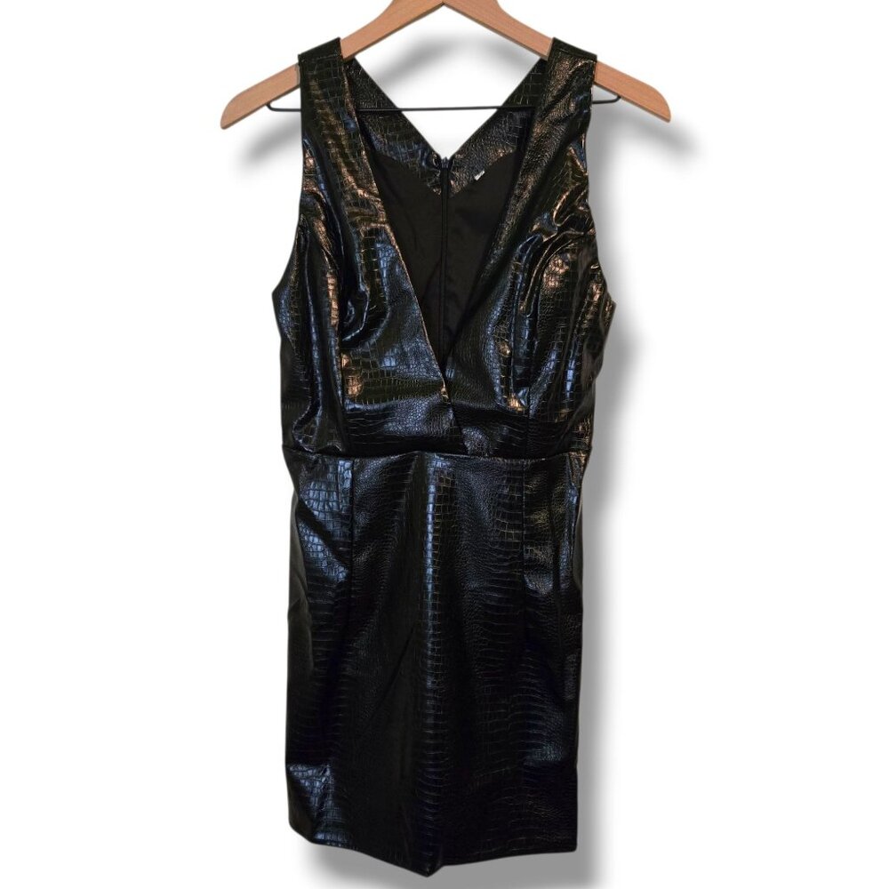 Black Faux Leather Crocodile Texture Sleeveless V-Neck Mini Dress Size Small